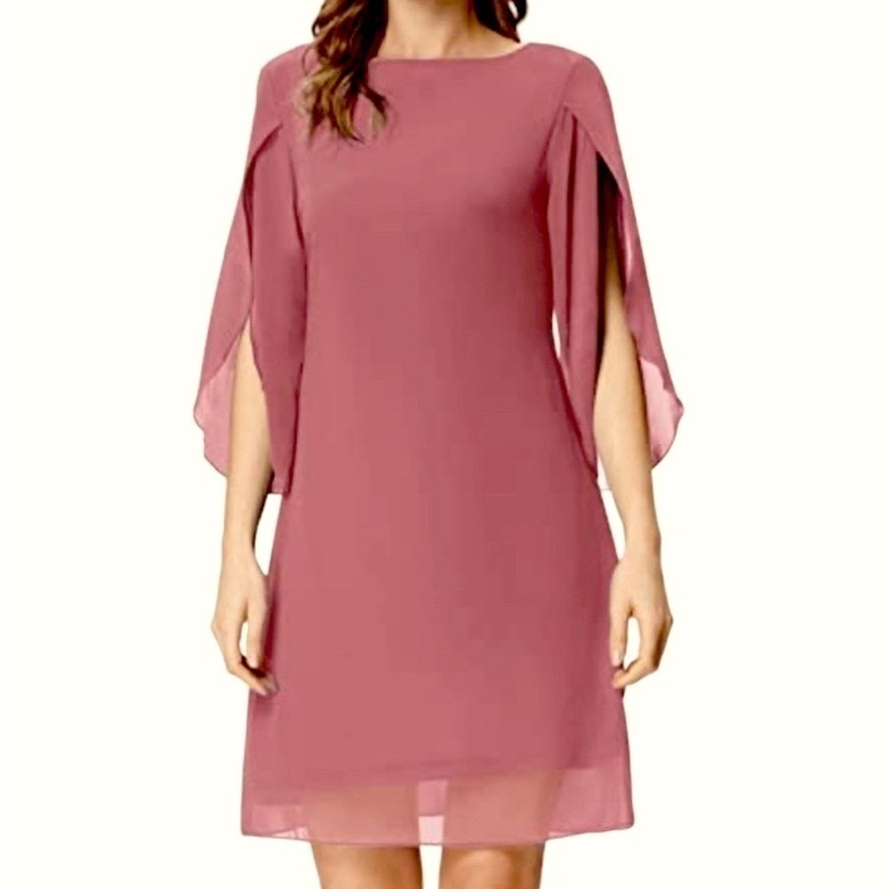 Grace Karin Pink Corral Midi Dress Chiffon Slit Sleeves Flowy Minimalist Sz 3XL